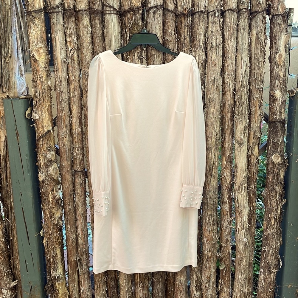 Karl Lagerfield sheath dress in blush pink, with Pearl cuff details.